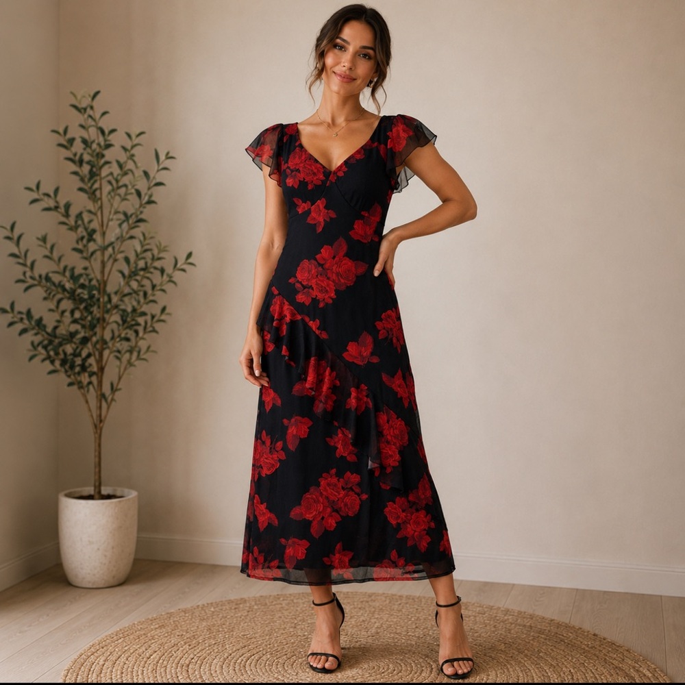 Black & Red Floral Ruffle Midaxi Dress NWOT